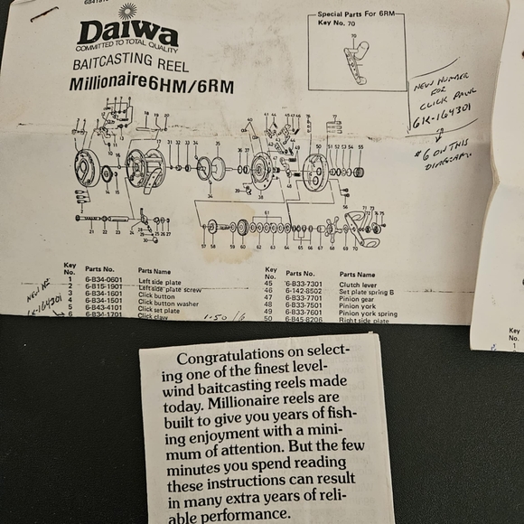 DAIWA Millionaire 6HM/6RM Fishing Baitcasting Reel with Spare Parts and Key - Picture 5 of 7
